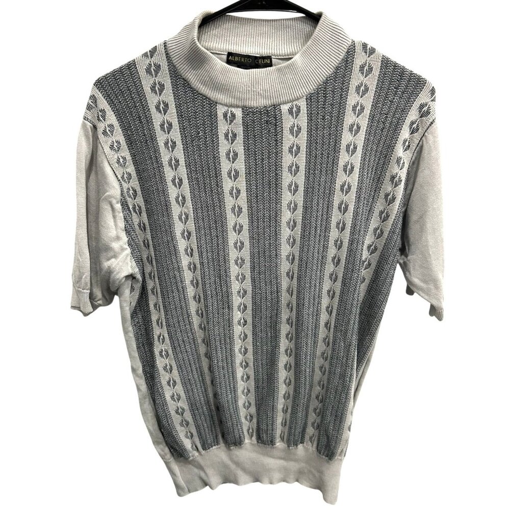 Vintage Alberto Celini Mens Gray White Short Sleeve Sweater Sz Small